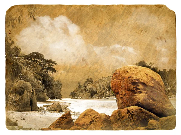 Tropická krajina, Seychely. Stará pohlednice. — Stock fotografie