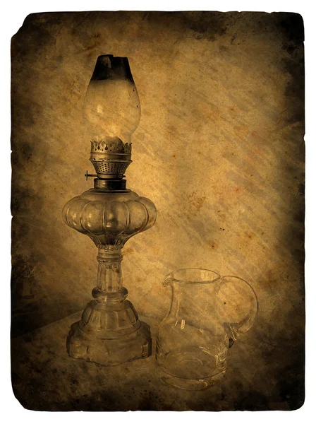 Oil lamp. Old postcard. — Stock Photo, Image