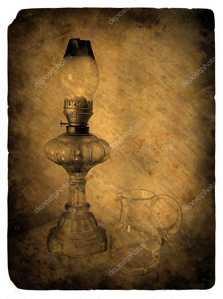 Oil lamp. Old postcard.
