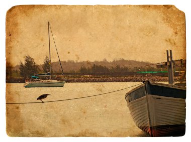 Fishing boat near the shore. Old postcard. clipart