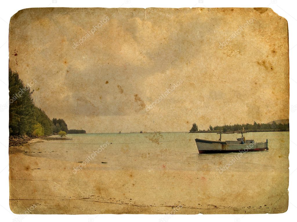 Fishing boat near the shore. Old postcard