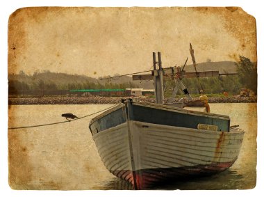 Fishing boat near the shore. Old postcard clipart