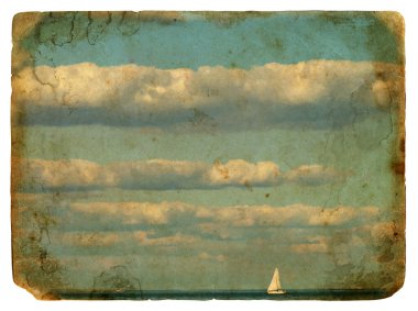 Sailing yacht and clouds. Old postcard. clipart