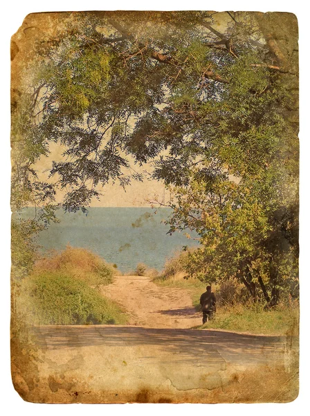 Gehweg am Wasser. alte Postkarte. — Stockfoto