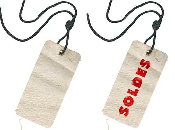 Fabric tags, empty and with Soldes inscription — Stock Photo, Image