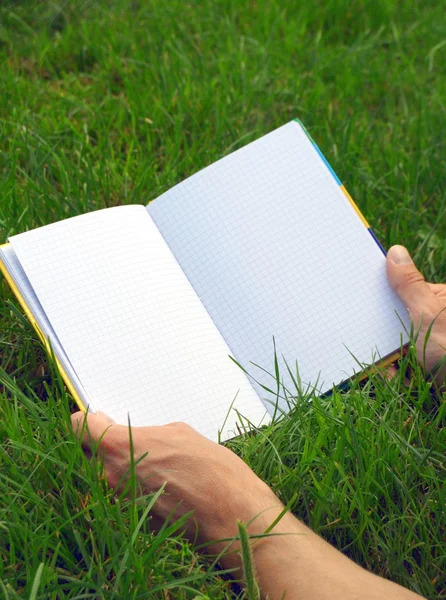 Geopende boek op het gras — Stockfoto
