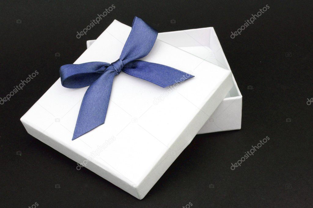 White gift with blue ribbon