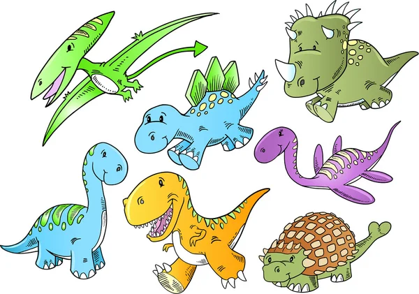 Conjunto de arte bonito do doodle da ilustração do vetor animal do dinossauro — Vetor de Stock