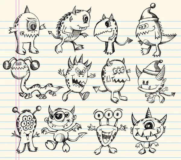 Monstro alienígena criatura Doodle esboço conjunto de vetores — Vetor de Stock
