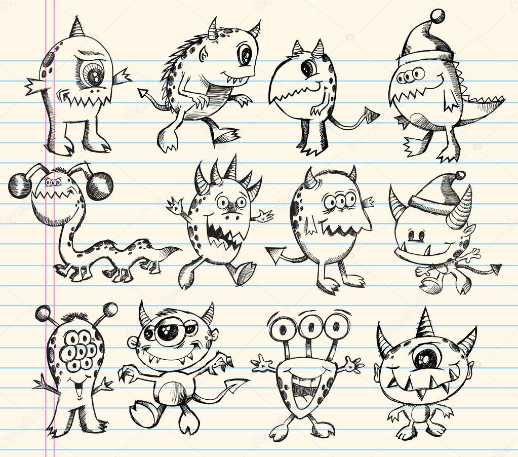 Monster Alien Creature Doodle Sketch Vector Set