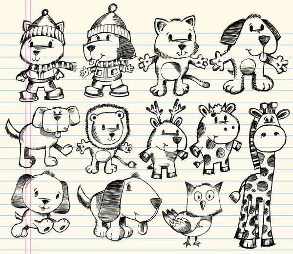 Doodle bosquejo animal vector conjunto — Vector de stock