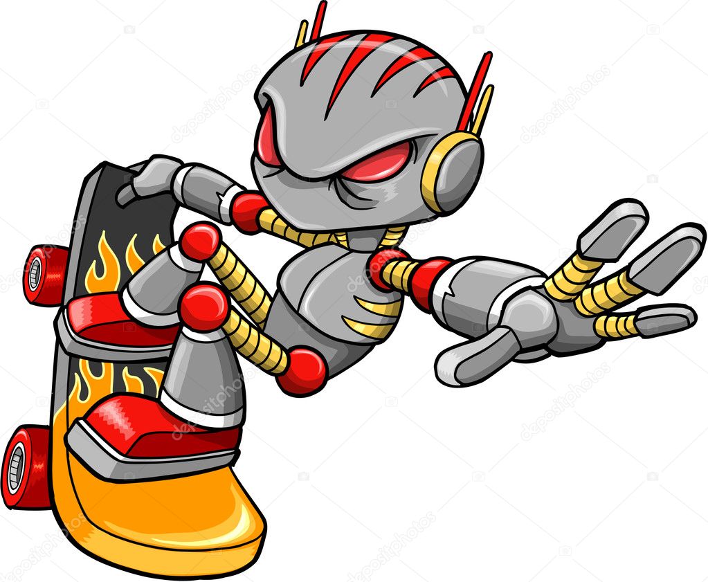 Cyborg Robot Skateboarder Vector Art Illustration