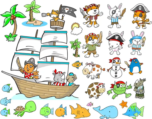 Pirate Animal Ocean Character Design Elements Vector Set — Stock Vector