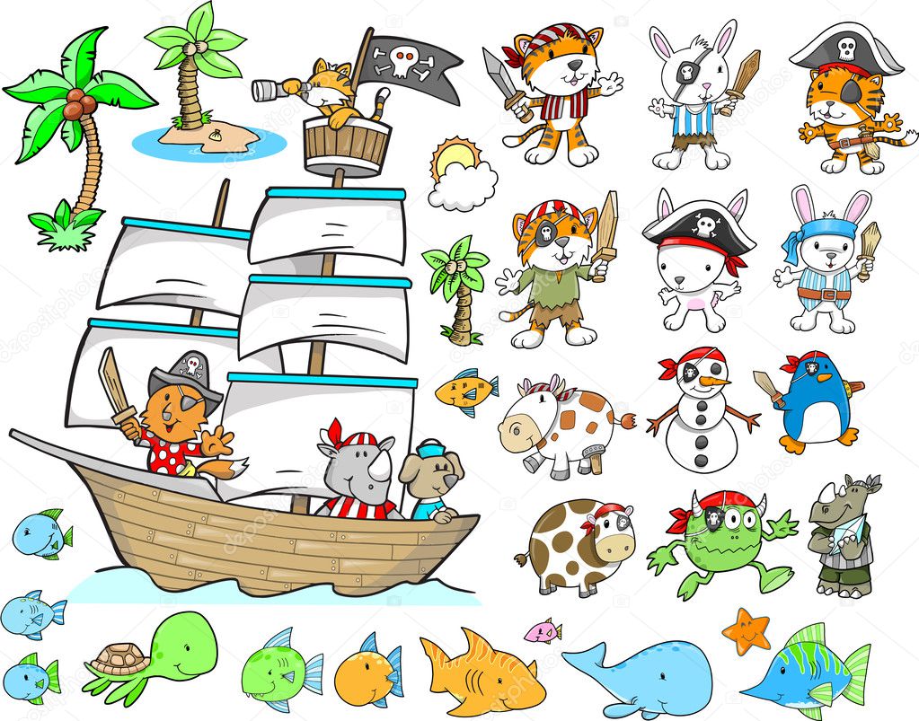 Pirate Animal Ocean Character Design Elements Vector Set