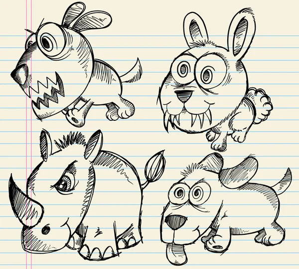 Angry Doodle Sketch Animals Vector Set — Stock Vector