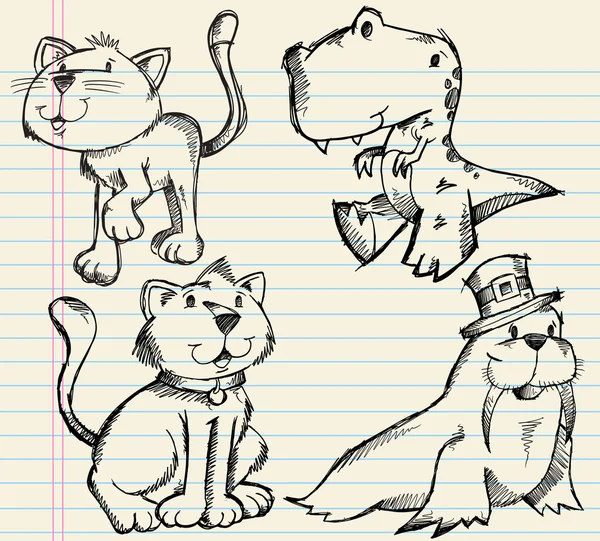 Notebook doodle skiss djur vektor set — Stock vektor