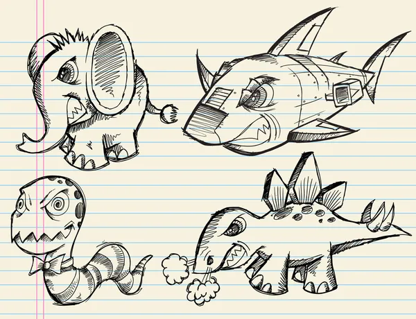 Angry Doodle Bosquejo Animales Vector Set — Vector de stock
