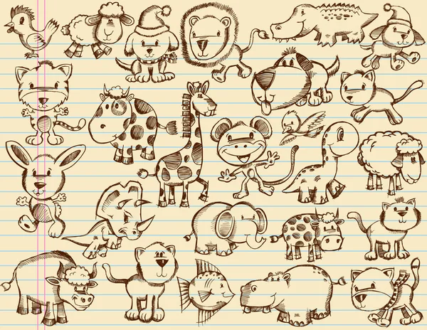 Defter doodle kroki hayvanlar set vektör — Stok Vektör