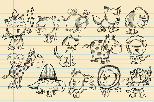 Notizbuch-Doodle-Skizze Tiervektorset — Stockvektor