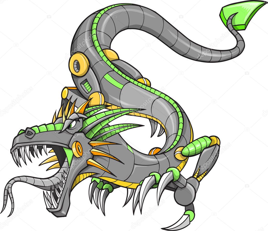 Green Robot Cyborg Dragon Vector Illustration