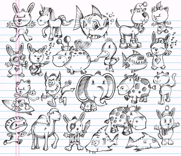 Doodle Sketch Animal Vector Diseño conjunto — Archivo Imágenes Vectoriales