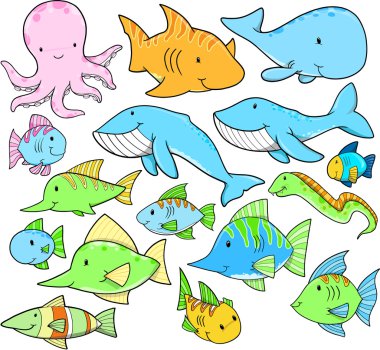 Ocean Sea Animals Summer Vector Design Set clipart