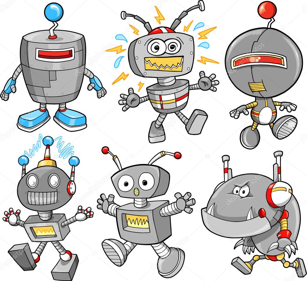 Cute Robot Cyborg Vector Illustration Design Set