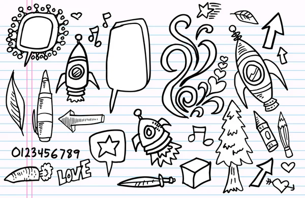 Set di elementi per schizzi per notebook Doodle — Vettoriale Stock