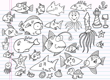 Notebook Doodle Summer Ocean Animal Vector Set clipart