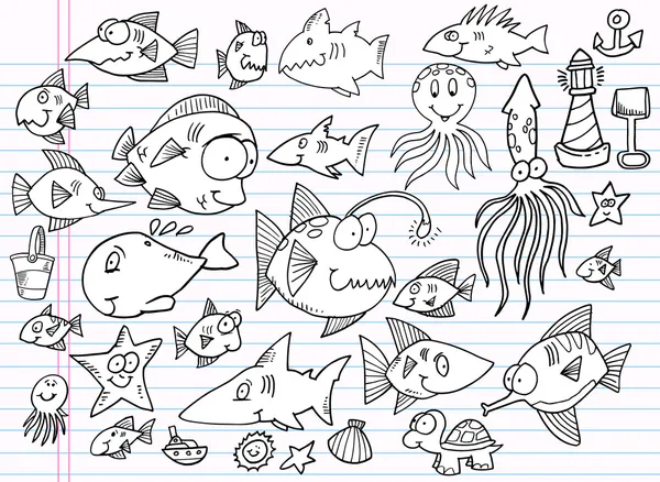 Conjunto de vectores animales de cuaderno doodle verano océano — Archivo Imágenes Vectoriales