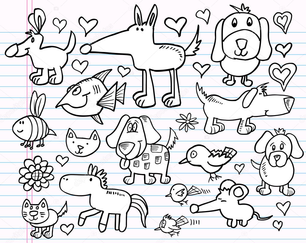 Notebook Doodle Sketch Animal Design Elements Vector Illustration Set