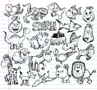 Notebook Doodle Sketch Animal Design Vector Elements Set clipart