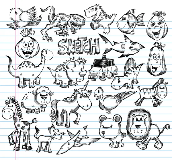 Defter doodle kroki hayvan tasarım vektör öğeleri ayarlama — Stok Vektör