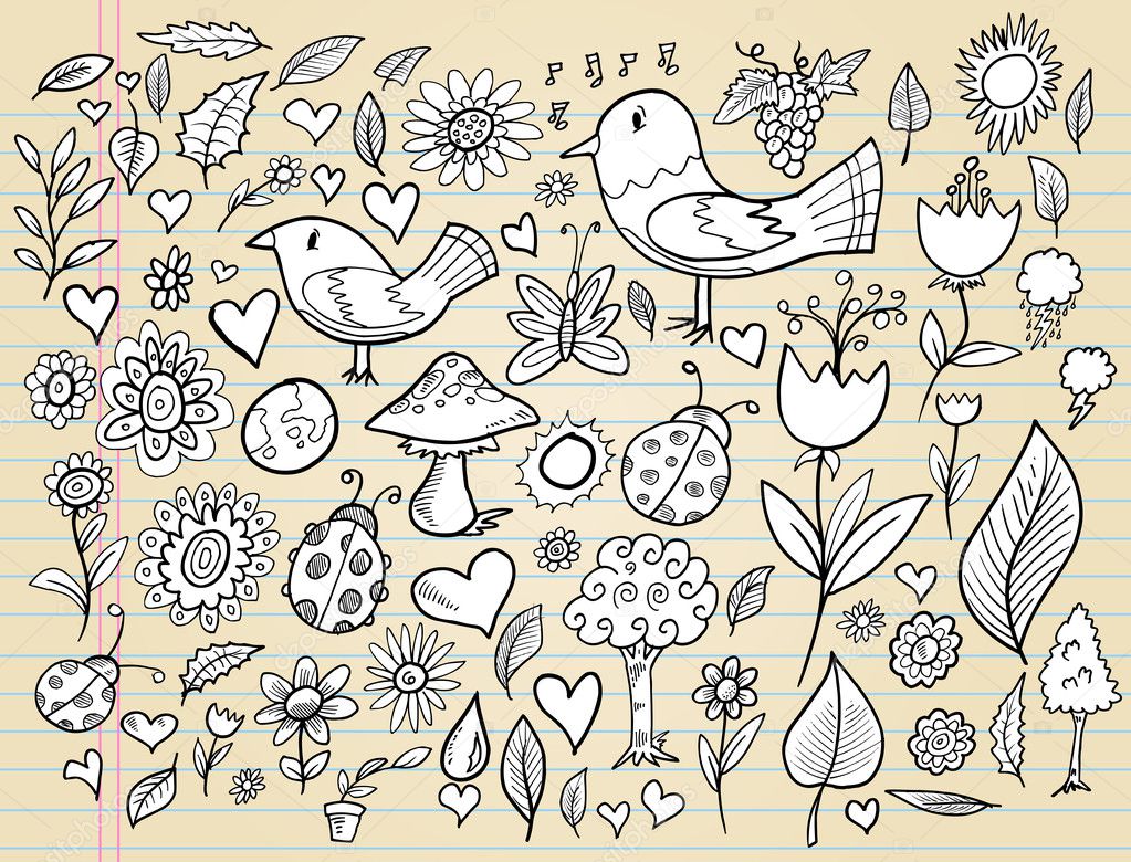 Doodle Spring Time Design Elements Vector Illustration Set
