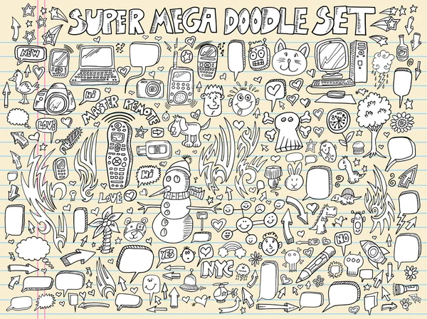 Laptop doodle toespraak bubble ontwerpelementen vector illustratie set — Stockvector