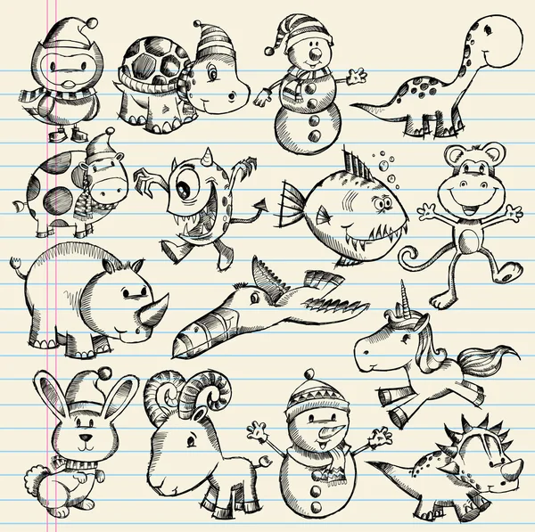 Doodle schets dierlijke vector illustratie set — Stockvector