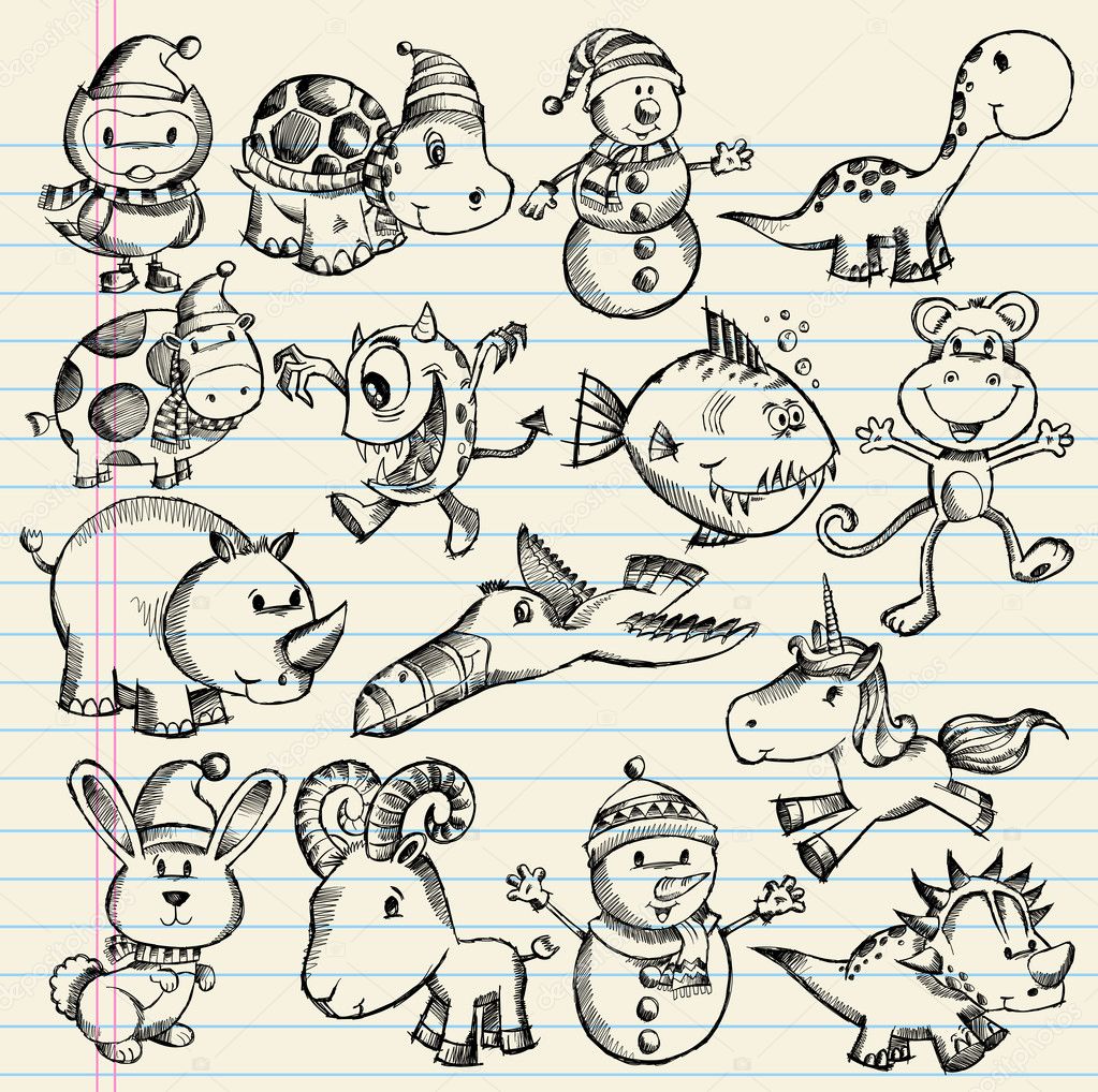 Doodle Sketch Animal Vector Illustration Set