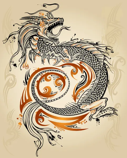 Dragon Doodle Sketch Tattoo Ikone Tribal Grunge Vektor Stockvektor