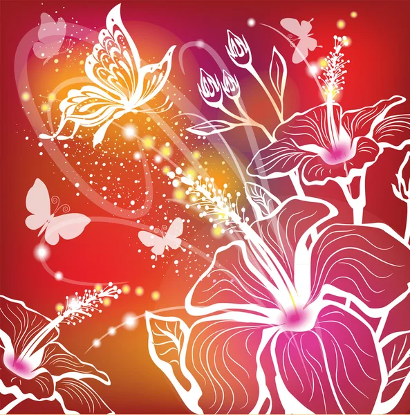 Background with flowers hibiscus and butterfly — Stock Vector