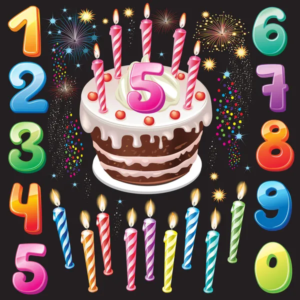Gâteau d'anniversaire, numéros et feux d'artifice — Image vectorielle