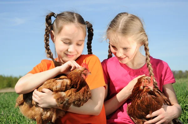Tavuk ile iki kız — Stok fotoğraf