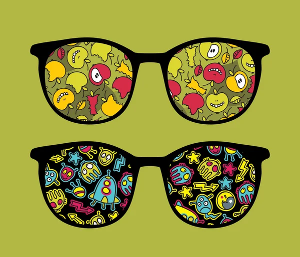 Ретро сонцезахисні окуляри з яблуками і космічними монстрами відображення в ньому . — стоковий вектор