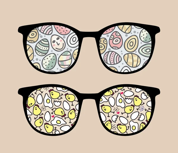 Óculos de sol retro com galinhas e ovos refletem nele . —  Vetores de Stock