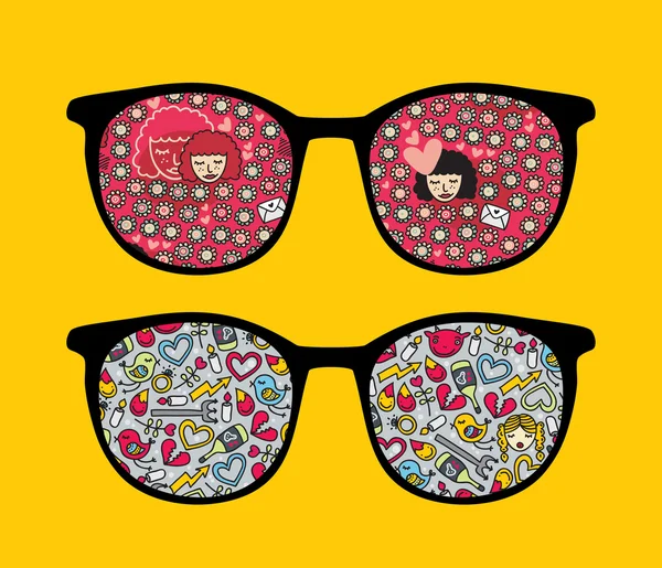 Ретро солнцезащитные очки с милыми и романтичными девушками отражение в нем . — стоковый вектор