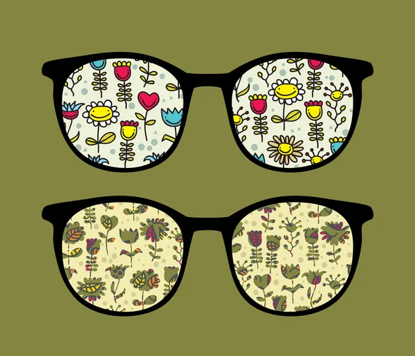 Retro sunglasses with happy flowers reflection in it. — Stock Vector