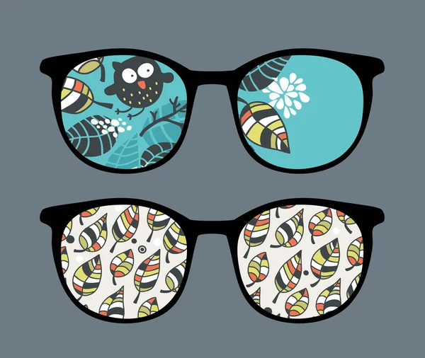 Retro sunglasses with owl in leaves reflection in it. — Stock Vector