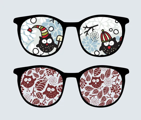 Ретро сонцезахисні окуляри з зимовими совами відображення в ньому . — стоковий вектор
