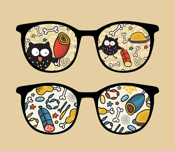 Retro sunglasses with owl and meat reflection in it. — Stock Vector