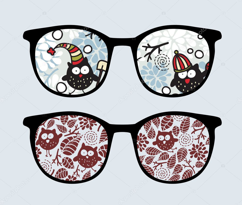 Retro sunglasses with winter owls reflection in it.