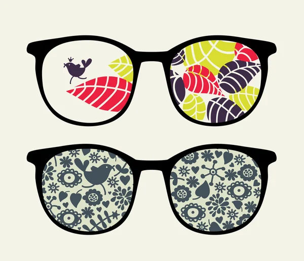 Gafas de sol retro con reflejo de pájaro pequeño en ella . — Vector de stock